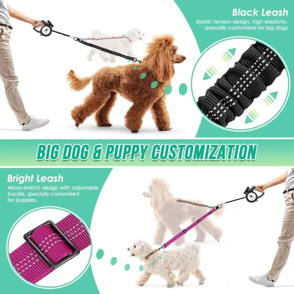 1.6ft Long Dual Dog Leash Attachment - Double Leashes for Training Small to Large Dogs - Adjustable Strap Shock Absorbing Bungee