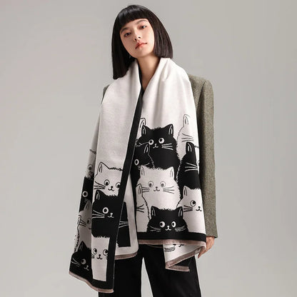 New Fashion Brand Cute Cat Ladies' Jacquard Pashmina Cashmere Scarf Winter Thick Warmth Shawl Coldproof Windproof Blanket Scarf