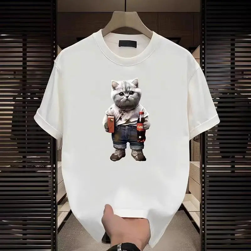Fashion Cartoon Cat Print T-shirt Men's Summer 2025New 100%Cotton High quality Short Sleeve T-shirt Y2k Casual Top mens clothing
