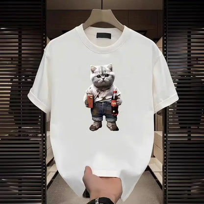 Fashion Cartoon Cat Print T-shirt Men's Summer 2025New 100%Cotton High quality Short Sleeve T-shirt Y2k Casual Top mens clothing