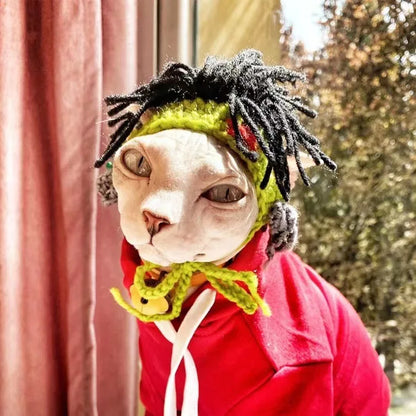 Knitted Cat Outfit,Funny Punk Style Cat Hat, Adjustable Cool Clothes for Cats Puppy,Green Costume for Birthday,Party,Holiday