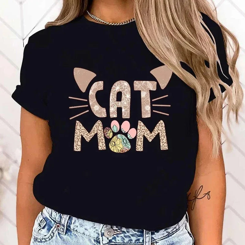 Fashion Cat Mom Printed T-Shirts High Quality Clothes Retro Style Women T-Shirts Cat Mom Graphic T Shirt Female Casual Tops
