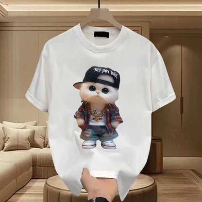 Fashion Cartoon Cat Print T-shirt Men's Summer 2025New 100%Cotton High quality Short Sleeve T-shirt Y2k Casual Top mens clothing