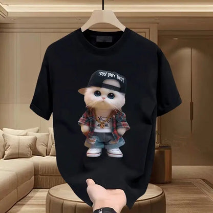 Fashion Cartoon Cat Print T-shirt Men's Summer 2025New 100%Cotton High quality Short Sleeve T-shirt Y2k Casual Top mens clothing