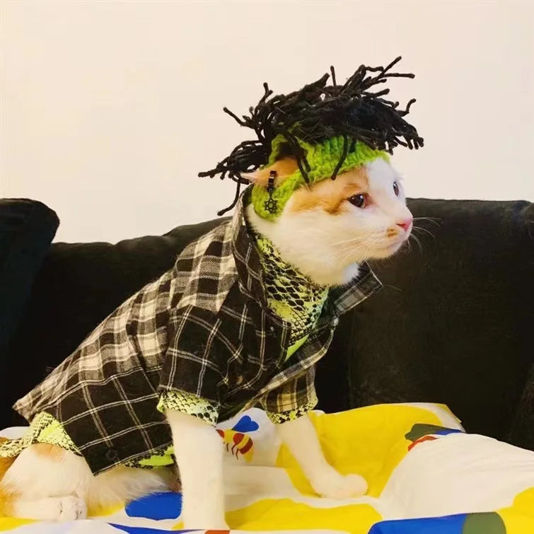 Knitted Cat Outfit,Funny Punk Style Cat Hat, Adjustable Cool Clothes for Cats Puppy,Green Costume for Birthday,Party,Holiday