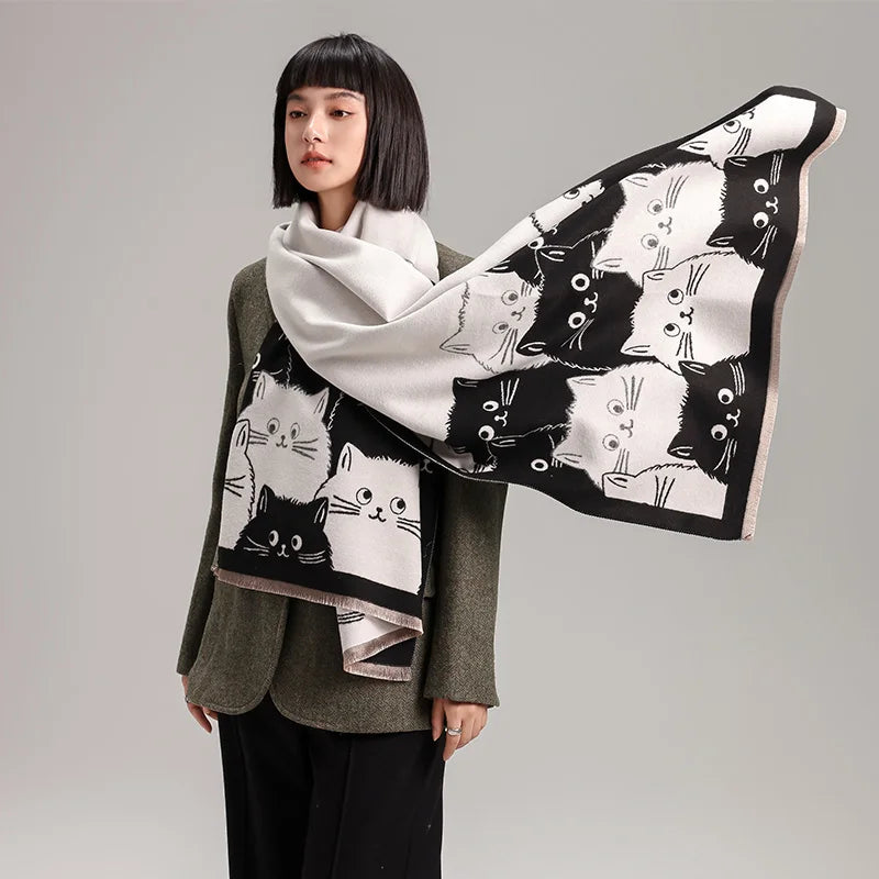 New Fashion Brand Cute Cat Ladies' Jacquard Pashmina Cashmere Scarf Winter Thick Warmth Shawl Coldproof Windproof Blanket Scarf