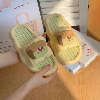 Fashion Cartoon Cat Flat Slippers Cute Non-slip Slides Sandals Soft Sole Bread Slippers for Women Bathroom