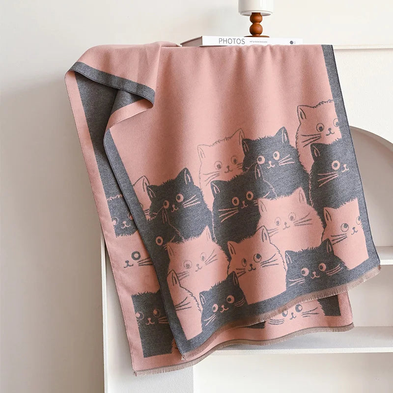 New Fashion Brand Cute Cat Ladies' Jacquard Pashmina Cashmere Scarf Winter Thick Warmth Shawl Coldproof Windproof Blanket Scarf