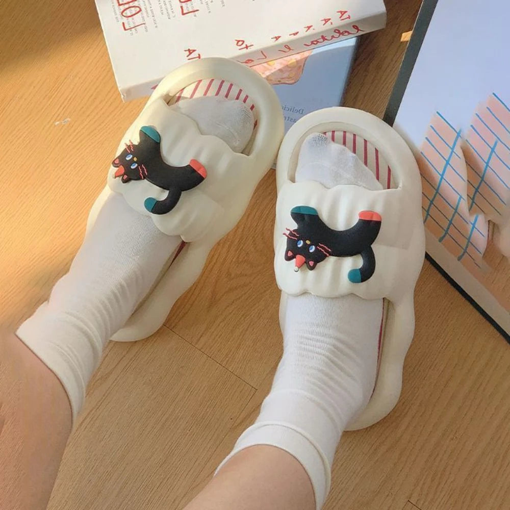 Fashion Cartoon Cat Flat Slippers Cute Non-slip Slides Sandals Soft Sole Bread Slippers for Women Bathroom