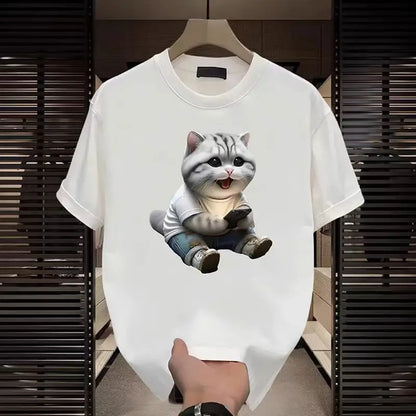 Fashion Cartoon Cat Print T-shirt Men's Summer 2025New 100%Cotton High quality Short Sleeve T-shirt Y2k Casual Top mens clothing