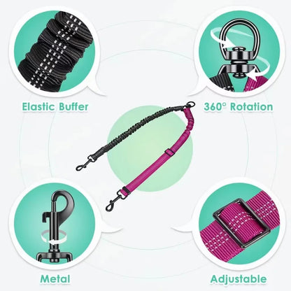 1.6ft Long Dual Dog Leash Attachment - Double Leashes for Training Small to Large Dogs - Adjustable Strap Shock Absorbing Bungee