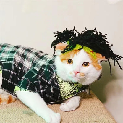 Knitted Cat Outfit,Funny Punk Style Cat Hat, Adjustable Cool Clothes for Cats Puppy,Green Costume for Birthday,Party,Holiday