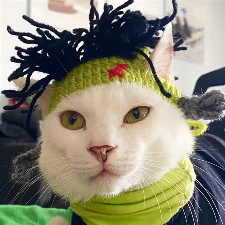 Knitted Cat Outfit,Funny Punk Style Cat Hat, Adjustable Cool Clothes for Cats Puppy,Green Costume for Birthday,Party,Holiday