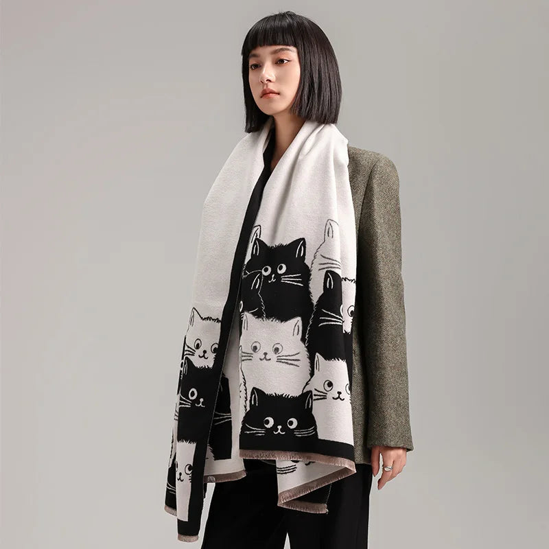 New Fashion Brand Cute Cat Ladies' Jacquard Pashmina Cashmere Scarf Winter Thick Warmth Shawl Coldproof Windproof Blanket Scarf