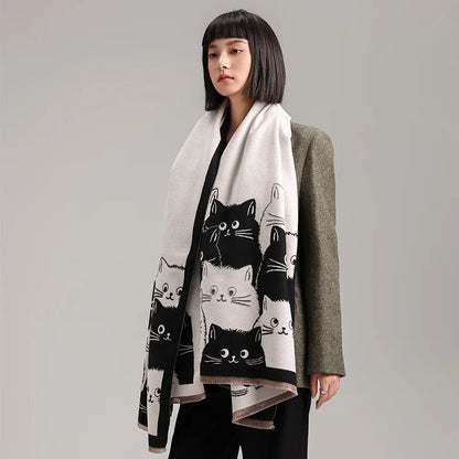 New Fashion Brand Cute Cat Ladies' Jacquard Pashmina Cashmere Scarf Winter Thick Warmth Shawl Coldproof Windproof Blanket Scarf