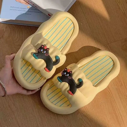 Fashion Cartoon Cat Flat Slippers Cute Non-slip Slides Sandals Soft Sole Bread Slippers for Women Bathroom
