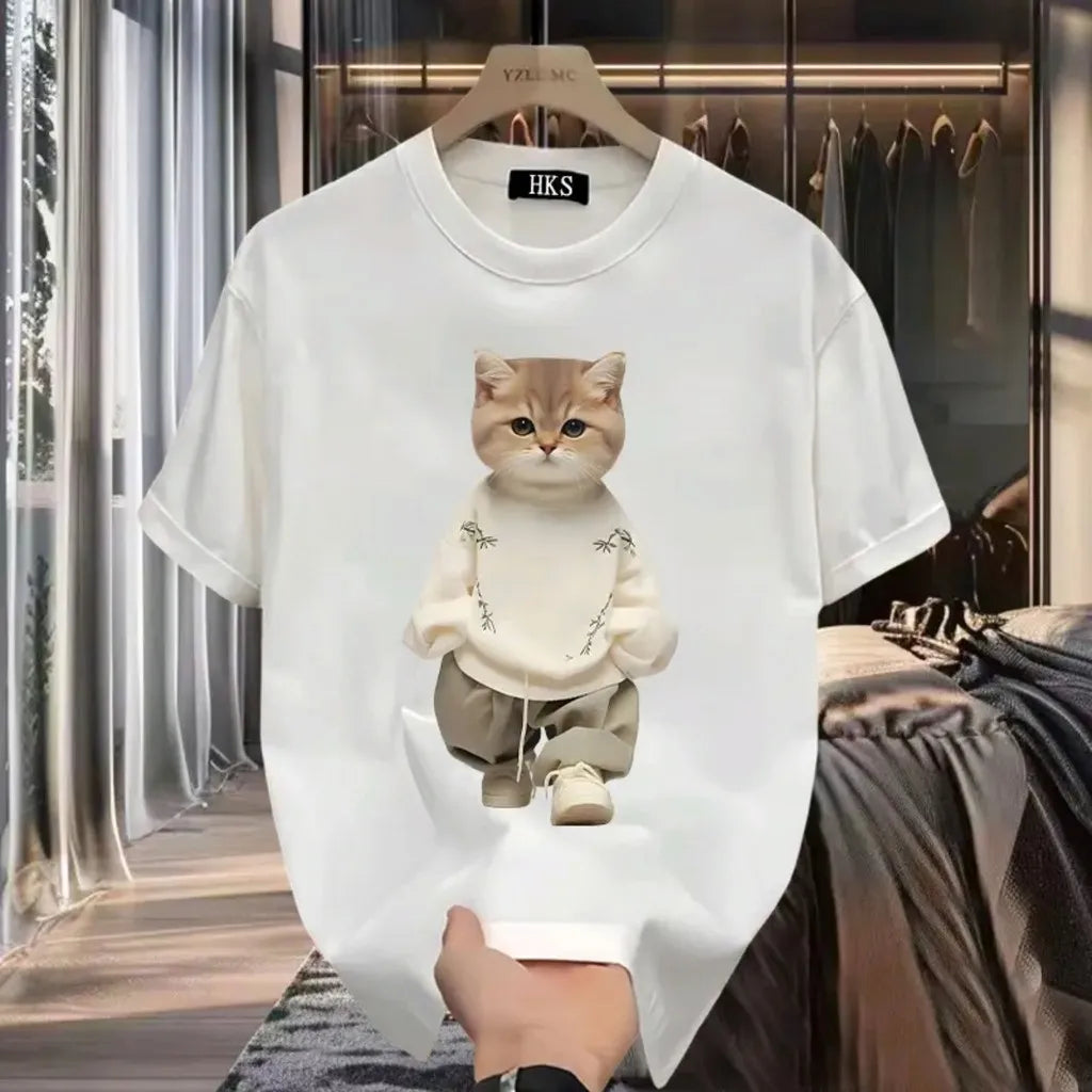 Fashion Cartoon Cat Print T-shirt Men's Summer 2025New 100%Cotton High quality Short Sleeve T-shirt Y2k Casual Top mens clothing