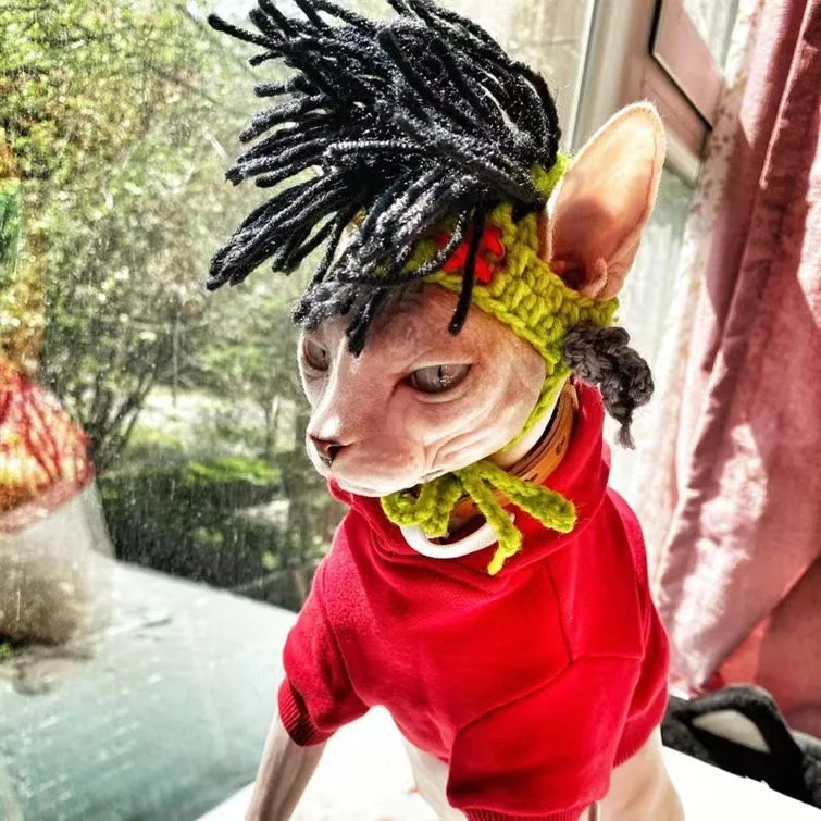 Knitted Cat Outfit,Funny Punk Style Cat Hat, Adjustable Cool Clothes for Cats Puppy,Green Costume for Birthday,Party,Holiday