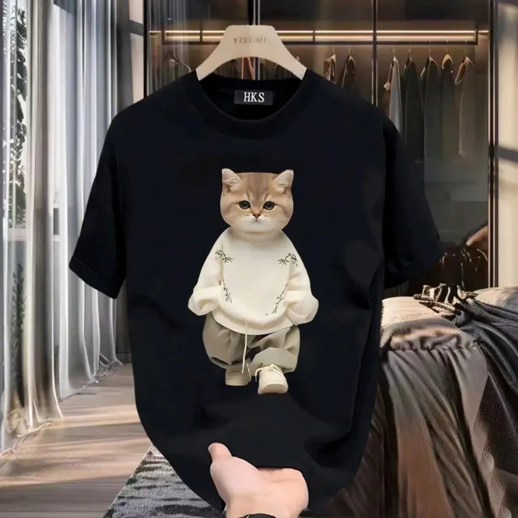 Fashion Cartoon Cat Print T-shirt Men's Summer 2025New 100%Cotton High quality Short Sleeve T-shirt Y2k Casual Top mens clothing