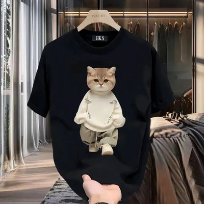 Fashion Cartoon Cat Print T-shirt Men's Summer 2025New 100%Cotton High quality Short Sleeve T-shirt Y2k Casual Top mens clothing