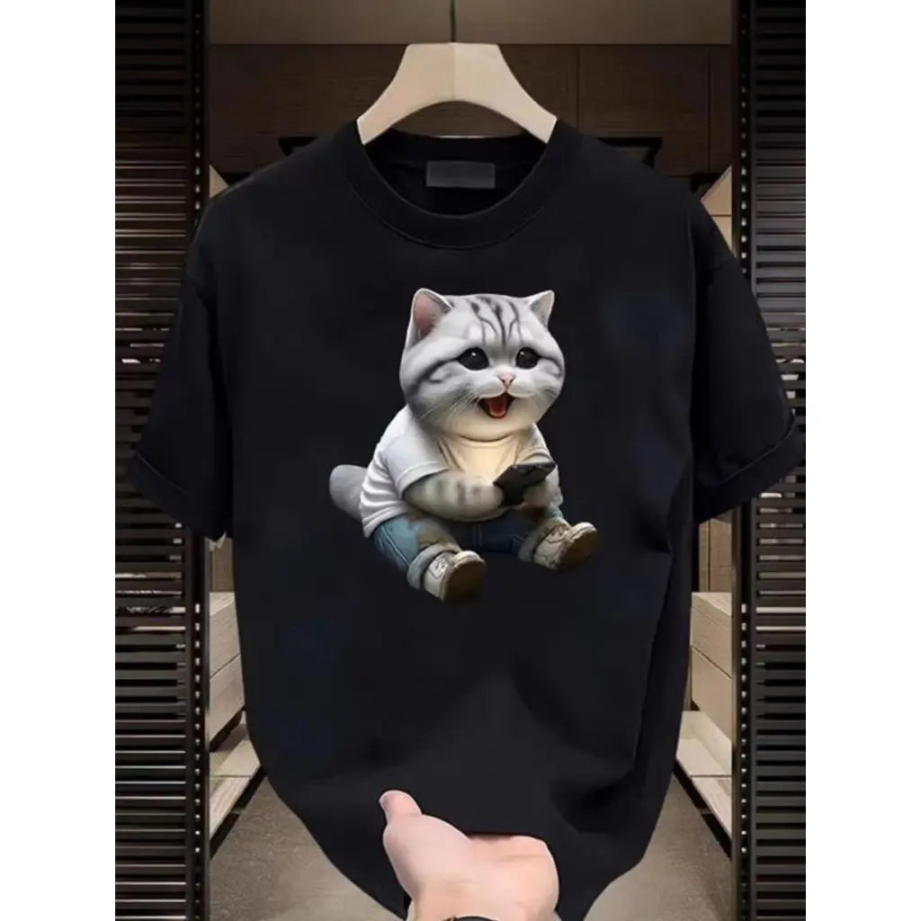 Fashion Cartoon Cat Print T-shirt Men's Summer 2025New 100%Cotton High quality Short Sleeve T-shirt Y2k Casual Top mens clothing