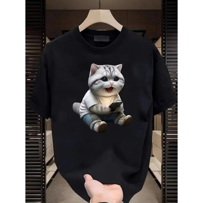 Fashion Cartoon Cat Print T-shirt Men's Summer 2025New 100%Cotton High quality Short Sleeve T-shirt Y2k Casual Top mens clothing
