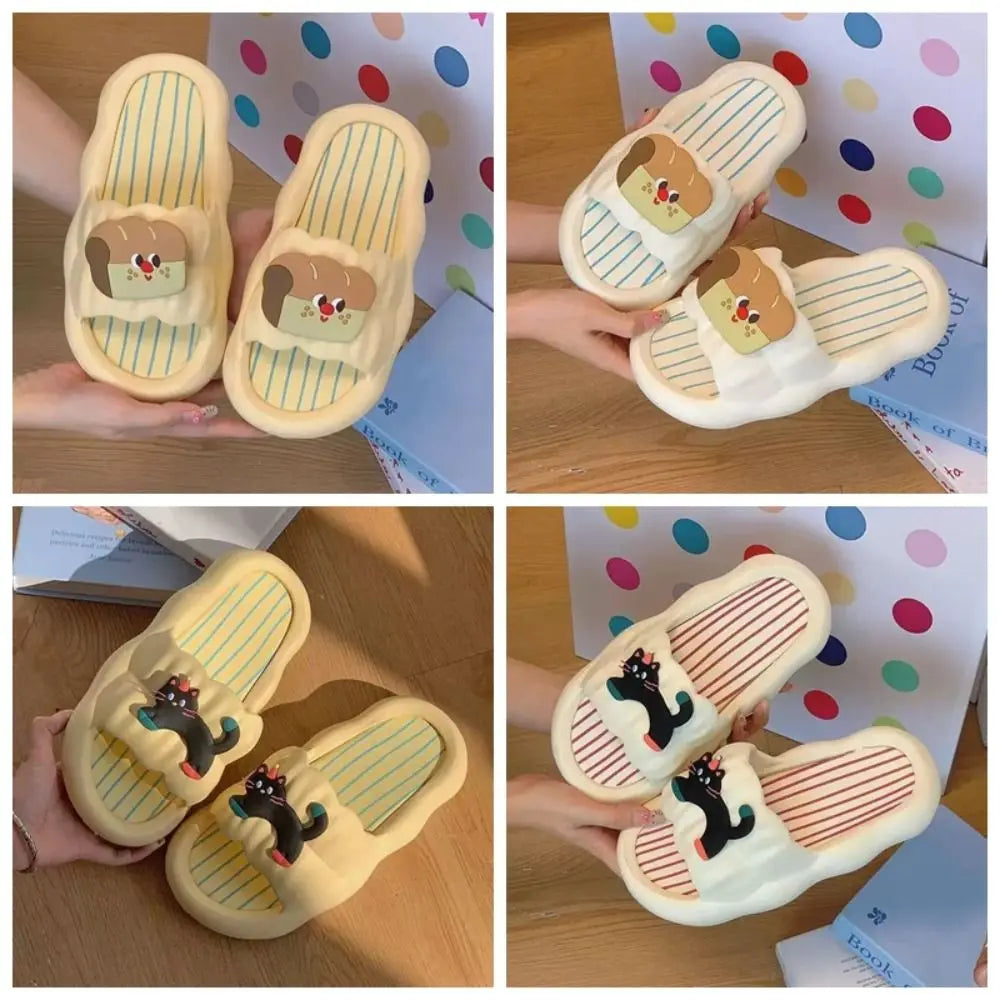 Fashion Cartoon Cat Flat Slippers Cute Non-slip Slides Sandals Soft Sole Bread Slippers for Women Bathroom