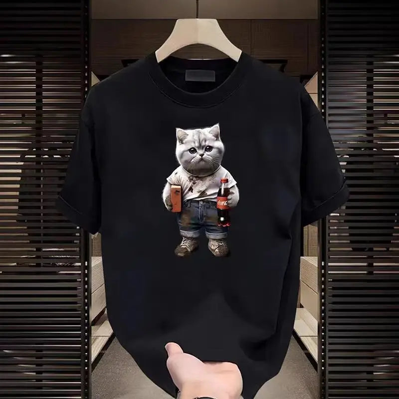 Fashion Cartoon Cat Print T-shirt Men's Summer 2025New 100%Cotton High quality Short Sleeve T-shirt Y2k Casual Top mens clothing