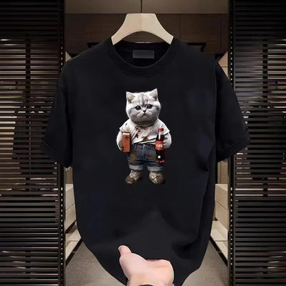Fashion Cartoon Cat Print T-shirt Men's Summer 2025New 100%Cotton High quality Short Sleeve T-shirt Y2k Casual Top mens clothing