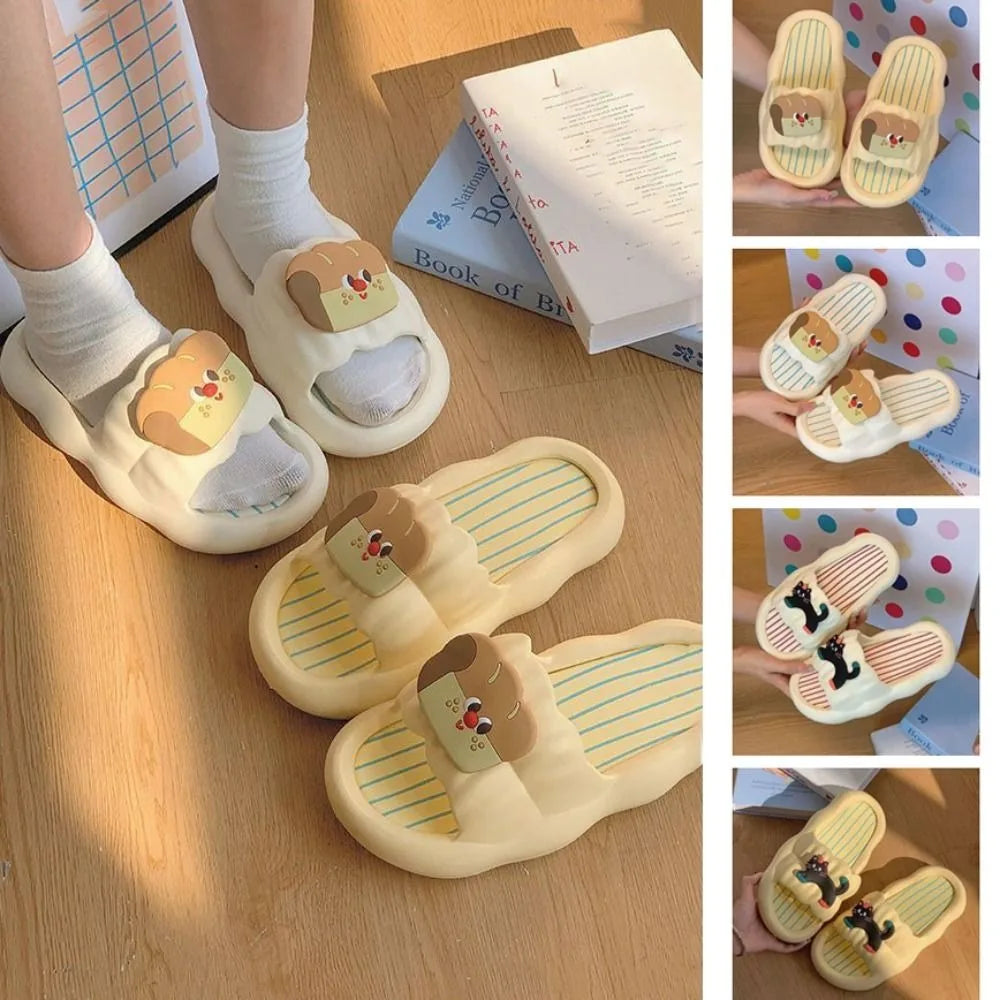 Fashion Cartoon Cat Flat Slippers Cute Non-slip Slides Sandals Soft Sole Bread Slippers for Women Bathroom