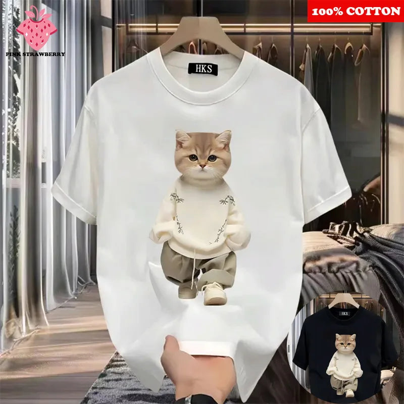 Fashion Cartoon Cat Print T-shirt Men's Summer 2025New 100%Cotton High quality Short Sleeve T-shirt Y2k Casual Top mens clothing