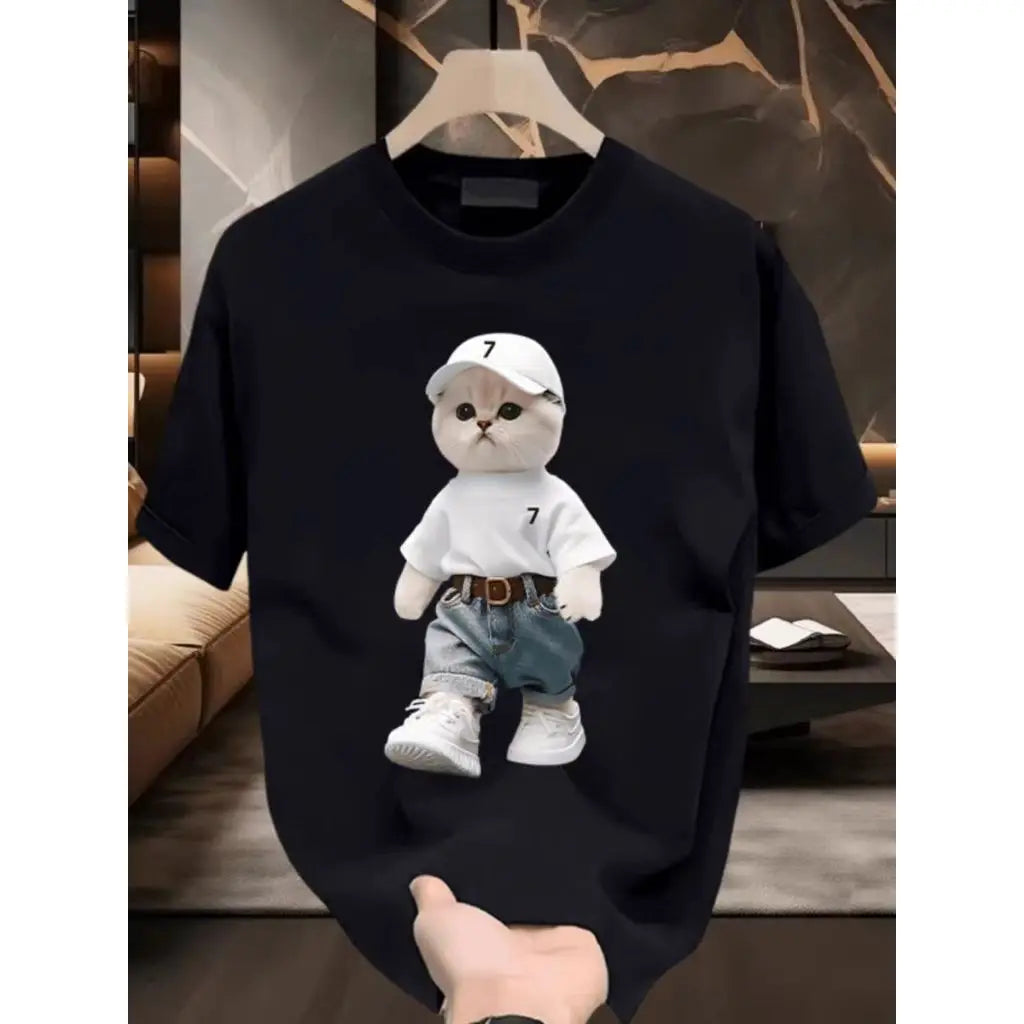 Fashion Cartoon Cat Print T-shirt Men's Summer 2025New 100%Cotton High quality Short Sleeve T-shirt Y2k Casual Top mens clothing