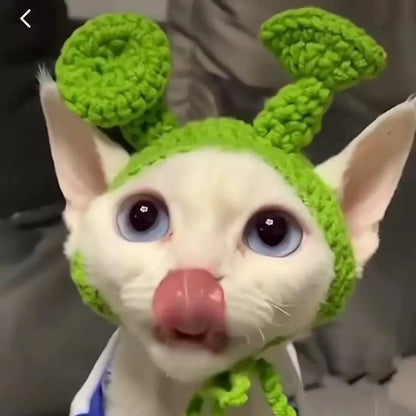 Knitted Cat Outfit,Funny Punk Style Cat Hat, Adjustable Cool Clothes for Cats Puppy,Green Costume for Birthday,Party,Holiday