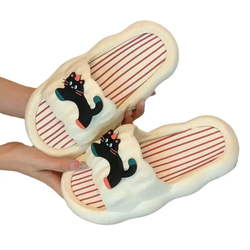 Fashion Cartoon Cat Flat Slippers Cute Non-slip Slides Sandals Soft Sole Bread Slippers for Women Bathroom