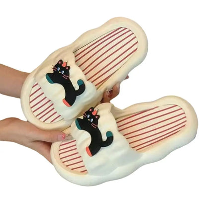 Fashion Cartoon Cat Flat Slippers Cute Non-slip Slides Sandals Soft Sole Bread Slippers for Women Bathroom