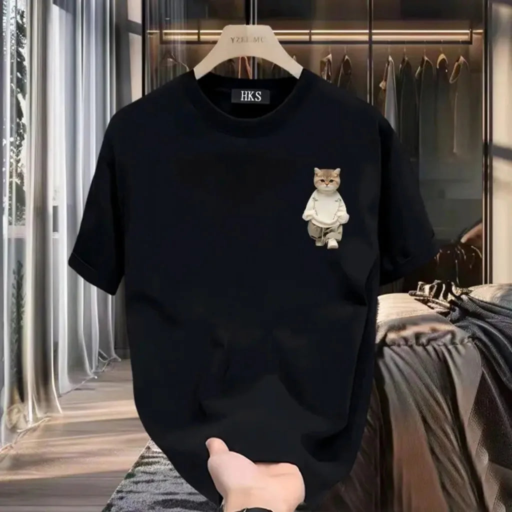 Fashion Cartoon Cat Print T-shirt Men's Summer 2025New 100%Cotton High quality Short Sleeve T-shirt Y2k Casual Top mens clothing