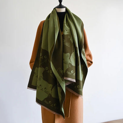 New Fashion Brand Cute Cat Ladies' Jacquard Pashmina Cashmere Scarf Winter Thick Warmth Shawl Coldproof Windproof Blanket Scarf