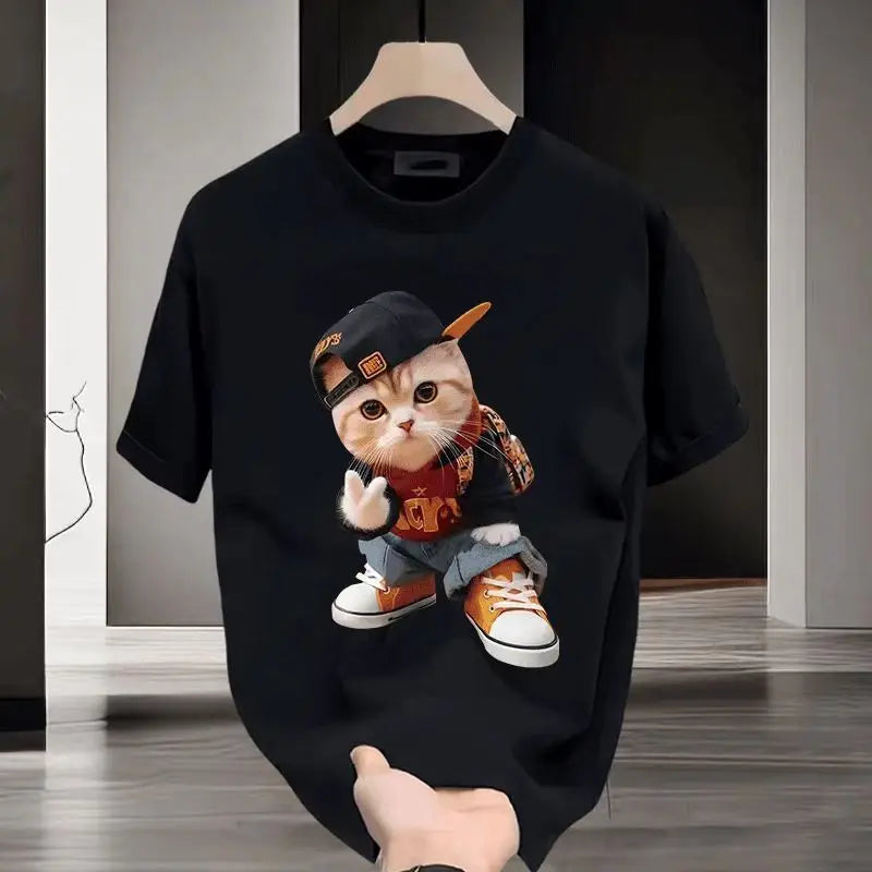 Fashion Cartoon Cat Print T-shirt Men's Summer 2025New 100%Cotton High quality Short Sleeve T-shirt Y2k Casual Top mens clothing