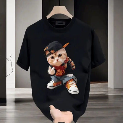 Fashion Cartoon Cat Print T-shirt Men's Summer 2025New 100%Cotton High quality Short Sleeve T-shirt Y2k Casual Top mens clothing